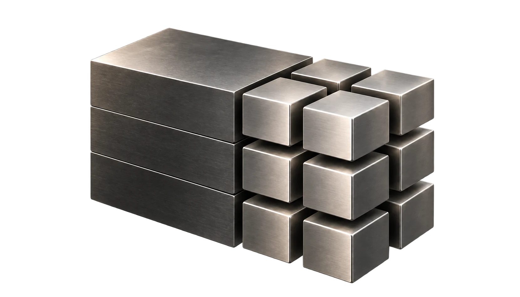 A solid metallic asset separating into an ordered lattice of digital units